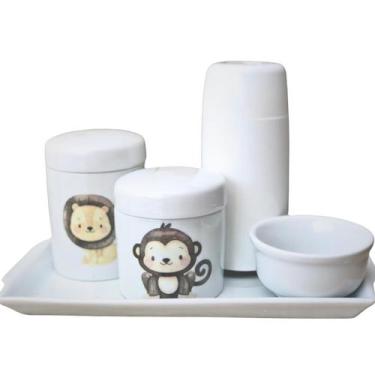 Imagem de Kit higiene bebê Safari 5 peças - Bandeja, potes, garrafa térmica e mo