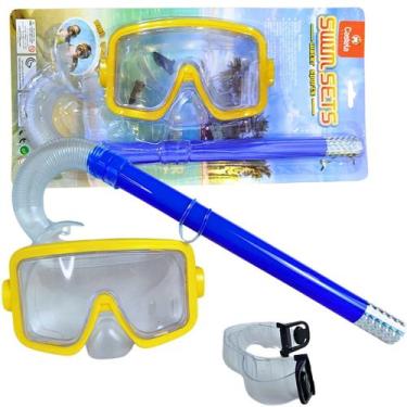Imagem de Kit de Mergulho Infantil Máscara e Snorkel Azul Amarelo Piscina Praia 