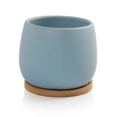 Imagem de Vaso Cachepot Ibisa com Prato de Bambu Azul Fosco Ibisa Pozzani