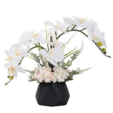 Imagem de LESING Flor artificial de orquídea em vaso para centros de mesa, flores de orquídea falsas brancas de toque real em vaso para decoração de casa (estilo 2, vaso preto)