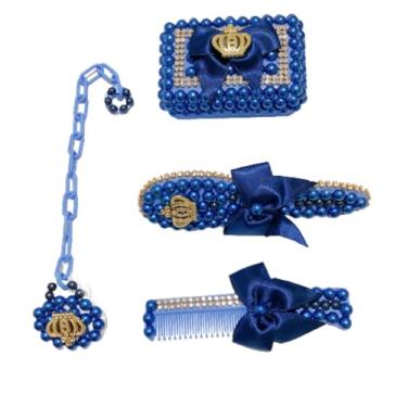 Imagem de Kit Higiene Bebê 4 Peças, Pérolas com Coroa, Saboneteira, Escova, Pente e Porta Chupeta Azul Escuro