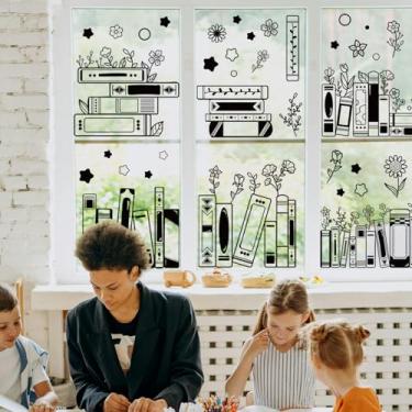 Imagem de PLIGREAT 6 folhas de livros com linhas pretas, adesivos removíveis de janela estática para escola, sala de aula, biblioteca, quarto de crianças, decoração de janela, janela interna, decoração DIY