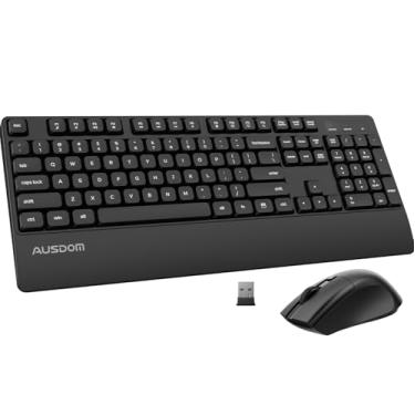Imagem de AUSDOM Combo de teclado e mouse sem fio, mouse ergonômico silencioso de 2,4 GHz, teclado de membrana sem fio de tamanho completo com descanso para as mãos para Windows, Mac, PC, laptop, mouse DPI