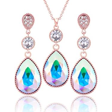 Imagem de Qinpan 18 * 13 mm pingente de cristal gota gota pingente pingente colar e brincos conjunto de joias para mulheres fantasia banhado a ouro, 38*14.5mm, Ouro rosa, Diamante