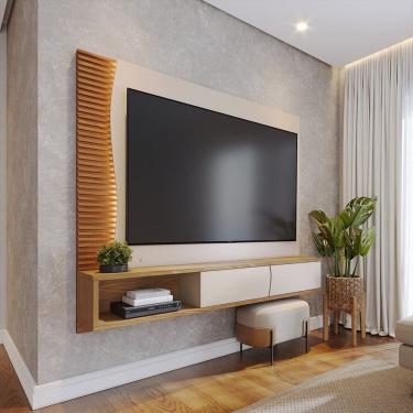 Imagem de Painel para Tv até 65" com Led Detalhe Ripado 2 Portas Egeu Off White Matte / Freijó