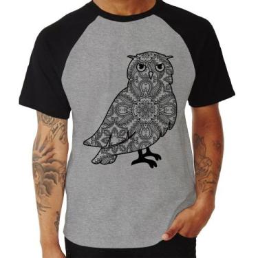 Imagem de Camiseta Raglan Coruja Mandala - Foca na Moda, Cinza, Preto, GG