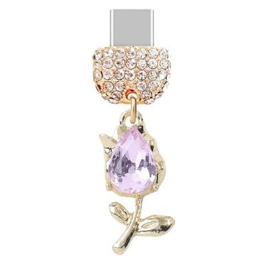 Imagem de ELISE & FONDA TP518 Tipo-C porta de carregamento cristal antipoeira pequena flor rosa pingente de telefone celular para iPhone 16/15/Samsung/OnePlus/Xiaomi/oppo telefones Android (rosa), approx. 1.2