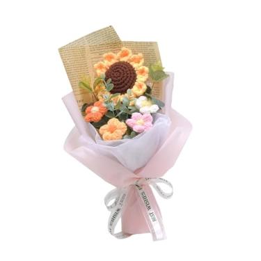 Imagem de oshhni 10 polegadas Crochet Gunflower Gift Bouquet Flores artificiais Decoração de férias leves para casamento de aniversário, Papel Rosa