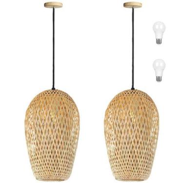 Imagem de 2 Pendente Bambu De Fibra Natural Boho Varanda Nat63 + Led - Acende a 