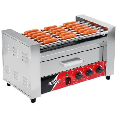 Imagem de Máquina de Salsicha Hot Dog Grill CROSSON, 7 rolos antiaderentes, aquecedor de pães, comercial, inox 304, 110V, 1350W, ideal para cozinhar