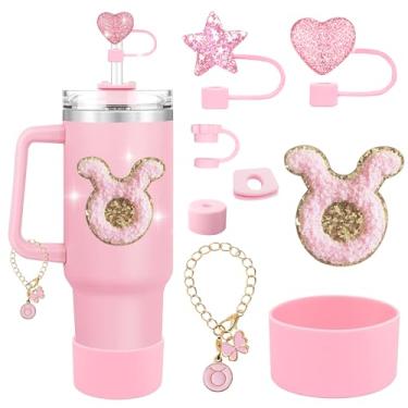 Imagem de RQYDYZMJ Conjunto de acessórios de copo de 8 peças, com uma corrente e pingente de constelação, adesivo de constelação e tampa de palha para copos Stanley de 850 g ou 1,134 g (rosa - Touro)