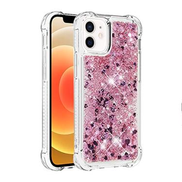Imagem de Capa de telefone à prova de choque para iPhone 12 com glitter líquido de areia movediça e corações flutuantes, capa de TPU de camada dupla reforçada com 4 cantos, protetor de telefone seguro