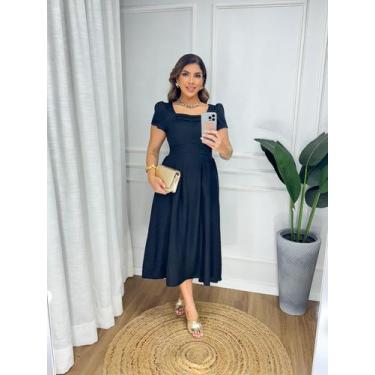 Imagem de Vestido midi com mangas e decote quadrado e detalhe de doblas com elas