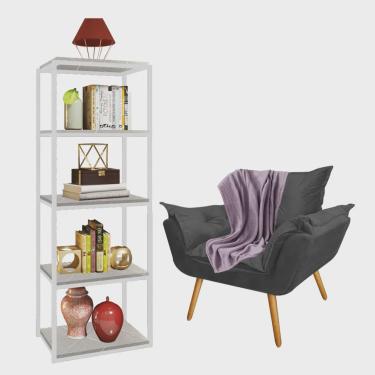 Imagem de Kit Poltrona Fatte com Manta Soft Lilás e Estante Livreiro Ferro Branco mdf Marmorizado Cinza Suede Cinza - Ahazzo Móveis