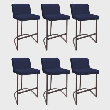 Imagem de Kit 06 Banquetas Com Encosto Noah Luxo Confort Bistrô Cozinha Ferro Marrom Suede Azul Marinho - Ahz Móveis