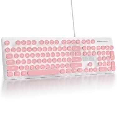 Imagem de Fogruaden Teclado de máquina de escrever retrô com fio, teclado de membrana silencioso de tamanho completo, lindos teclados de computador rosa, 104 teclas redondas, retroiluminação LED branca, fino
