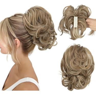 Imagem de CJL HAIR Grampo De Garra Para Rabo De Cavalo Curto, Extensões De Cabelo Faça Você Mesmo, Metais Dobráveis, Coque Bagunçado, Apliques De Cabelo Sintético Ondulado E Cacheado, Bege Multicolorido