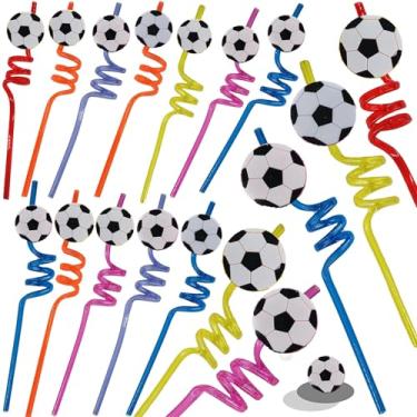 Imagem de 24 pacotes de canudos de plástico reutilizáveis de futebol lembrancinhas de festa de aniversário, canudos cacheados temáticos suprimentos de festa