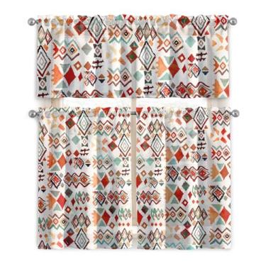 Imagem de Cortinas de cozinha Boho Farmhouse 91 cm de comprimento, cortinas de cozinha geométricas duráveis, conjunto de 3 peças, cores vibrantes, cortinas de janela de cozinhas sazonais sobre a pia para