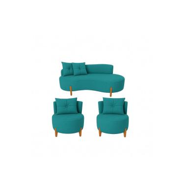 Imagem de Conjunto 2 Poltronas + Sofá Curvo Orgânico Veludo Azul Turquesa - Montanaris Decor