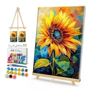 Imagem de HeeBenor Kit de pintura emoldurada por números para adultos, pintura de girassol por número com cavalete, kit de pintura a óleo acrílica de flores faça você mesmo, kits de pintura por números para