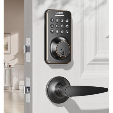 Imagem de Fechadura de porta de entrada sem chave com conjunto de alças, fechadura de porta de teclado com alça fechaduras inteligentes para porta da frente com código de conjunto com fácil instalação, trava