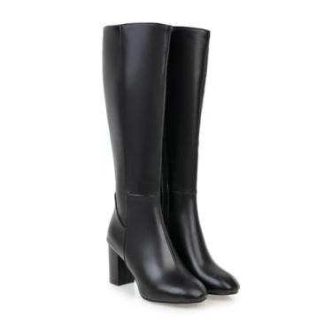 Imagem de NMMAX Botas longas pretas femininas modernas salto grosso com zíper lateral sapatos femininos de couro sintético macio botas de cano alto, Preto, 5 US