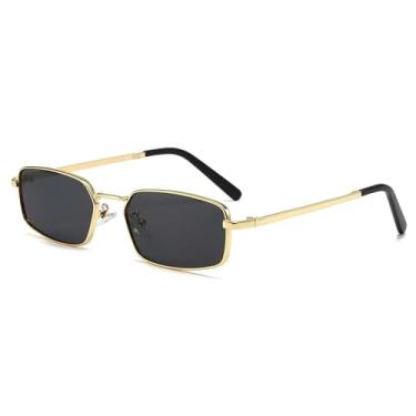 Imagem de HCPIHF Óculos de sol femininos retrô com armação retangular pequena de metal, lentes da moda, UV400, masculino, punk (tamanho único/cinza dourado)