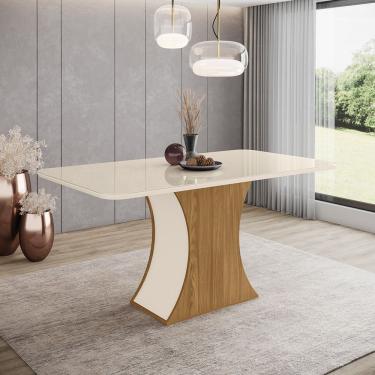 Imagem de Mesa Com Vidro E Canto Arredondado 160cm Selena Henn Nature Com Off White