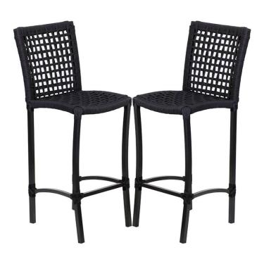 Imagem de Kit 2 Banquetas Alta Cannes Alumínio Assento Fibra Sintética Corda Náutica Preto Trama Original