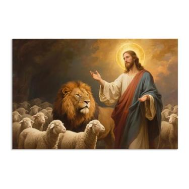 Imagem de SDYJ6GSW Arte de parede em tela de Jesus e Cordeiro com estampa de Leão de Judá Cristã Cordeiro de Deus Decoração de Casa Arte de Parede Cristã Inspiradora para Escritório 60 x 40 cm (24 x 16 pol