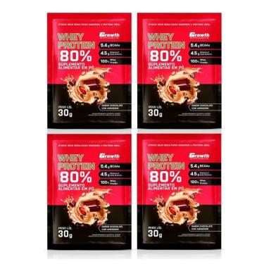 Imagem de Kit com 4 Saches Whey Protein 80% 30g Growth Chocolate Com Amendoim