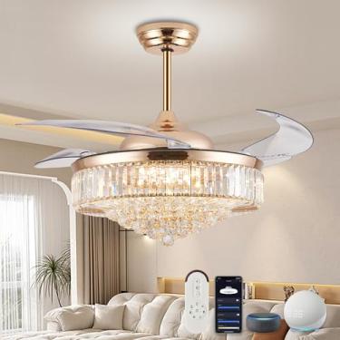Imagem de DuMaiWay Ventilador De Teto Alexa 52" Dourado Inteligente Com Luz E Controle Remoto Fandelier Wi-Fi, Lustre Cristal Moderno Retrátil Regulável Para Quarto Sala Estar