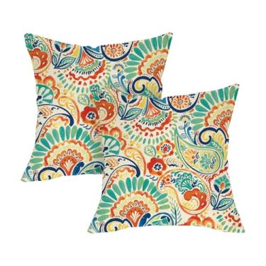 Imagem de Fjfz Capas de almofada decorativas coloridas Paisley 45,7 x 45,7 cm Conjunto de 2, Boho Floral Moderno Geométrico Varanda Decoração de Casa Exterior, Flor Étnica Boêmia Sofá Sofá Capa de Almofada