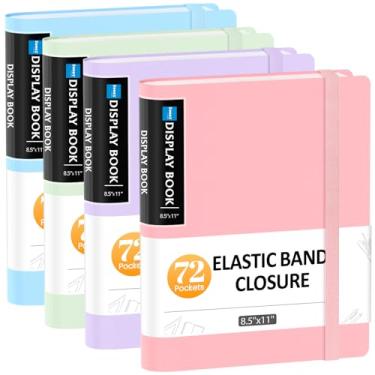 Imagem de Sooez Pacote com 4 fichários de 72 bolsos com mangas de plástico e faixa elástica, grande capacidade de 21 x 28 cm, exibição de livro de apresentação, 144 páginas, pasta de documentos de portfólio de