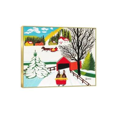 Imagem de Pintura famosa decoração de arte de parede - imagens em tela para sala de estar - ponte coberta no inverno - pôster e impressões de moldura dourada 40 x 50 cm 16 x 20 pol