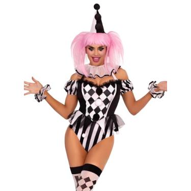 Imagem de Leg Avenue Body feminino de 4 peças de palhaço de circo cativante com virilha de pressão com babados no pescoço, babados de pulso, faixa de cabeça para chapéu, Multi, P