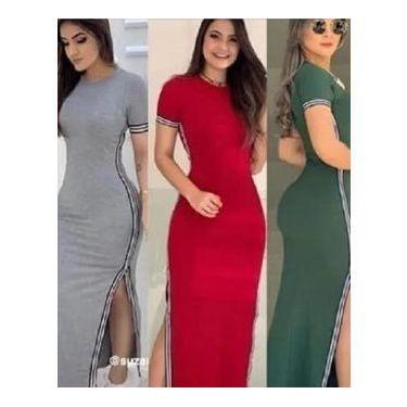 Imagem de vestido feminino longo gola rasa manga curta fenda na lateral listra f