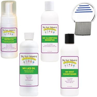 Imagem de Kit completo de tratamento de piolhos da família – Pente de remoção de nítios, mousse de espuma, óleo dimeticona, xampu e condicionador de óleo essencial | Naturalmente formulado para