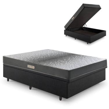 Imagem de Cama Baú Casal 138x188 Courino Linho Preto com Dual Firm Espuma Ecoflex
