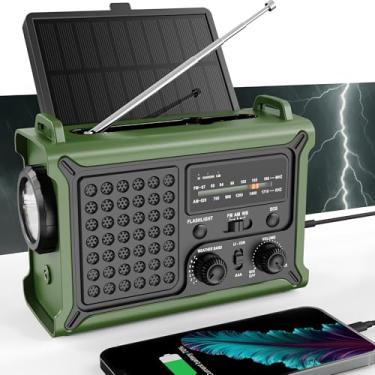 Imagem de Rádio meteorológico de emergência com energia solar e manivela – AM/FM/NOAA, lanterna de LED, luz de leitura, carregamento USB e SOS – Equipamento de sobrevivência para quedas de energia e tempestades