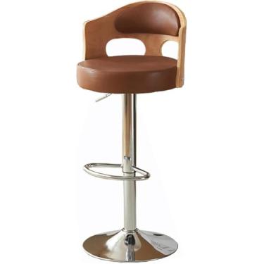 Imagem de Bancos De Bar De Metal De Design Artístico, Encosto De Madeira Maciça Envolvida, Banco Giratório De Assento De Couro, Bancos De Ilha De Cozinha Elevatórios Para Sala De, Grey, Cowhide 1pcs