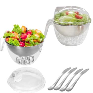 Imagem de bangminda Tigela de salada de gelo com tampa, pacote com 2 tigelas de molho geladas para festas - Tigela de refrigerador com alça de aço inoxidável Prato de servir frio para macarrão, molho e frutas