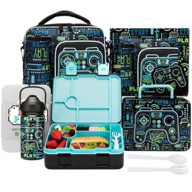 Imagem de Oruiji Conjunto de lancheira infantil para meninos com 6 compartimentos, garrafa de água de aço inoxidável, lancheira, conjunto de gelo de volta às aulas, presente de aniversário para crianças de 5 a