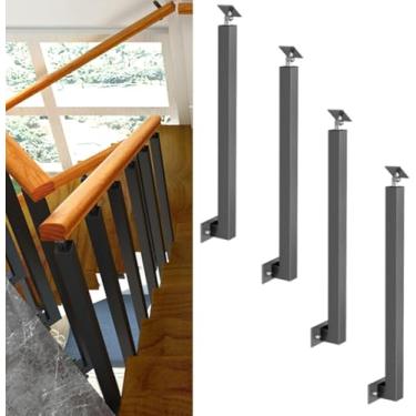 Imagem de Balaústres De Ferro Preto Para Interior De Escada De Corrimão De Convés, Poste De Corrimão Quadrado Com Conector Ajustável, Montagem Lateral Com Parafusos, Poste De Guarda-, 4 Pack, 70cm(27.5inch)