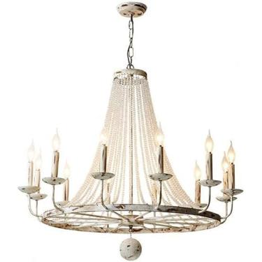 Imagem de Lustre Branco De Roda De Carroça, Lâmpada Pendurada Com Miçangas Do País Francês, Luz Pendente De Vela Vintage Rústica Lustre De Cristal Antigo Para Sala De Estar, 12 Light