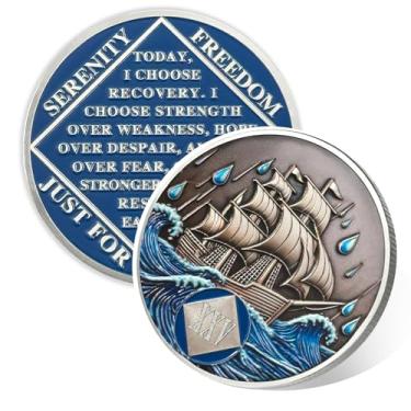Imagem de Braving The Storm 25 Year Sober Coin, Nautical NA Coin, Addiction Recovery Twenty-Five Year Sober Chip, Celebrating Recovery Anniversary Token, Narcóticos Anônimos Sobriedade Presentes para Homens e