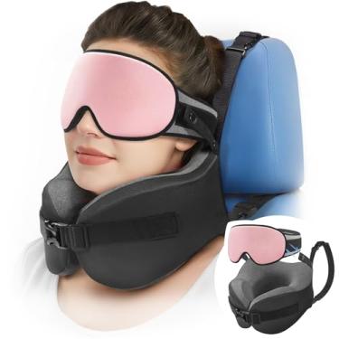 Imagem de YFONG Travesseiro de viagem para aviões de voo longo, combo de alça de cabeça com máscara de contorno 3D para dormir, travesseiro de pescoço para viagem de carro essencial, suporte de 360° de espuma