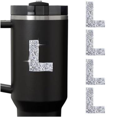 Imagem de LUHOHI 4 peças de adesivos de letra inicial de strass brilhante, alfabeto grande com glitter personalizado, nome do monograma, decalques brilhantes para garrafas Stanley, tampa de formatura, bagagem