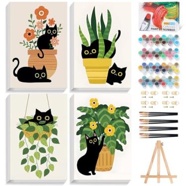 Imagem de Kit de pintura por números para adultos com moldura de gato, pintura emoldurada por número para adultos iniciantes com cavalete de madeira, pintura DIY de plantas verdes por números em tela emoldurada